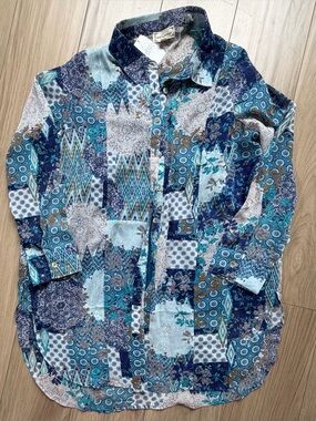 Cloth & Portrait Semi Sheer Lined Patchwork Print Button TunicTeal & Navy Sz L